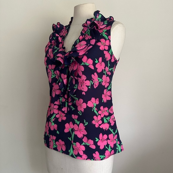 Lilli Pulitzer ALLISON Floral Ruffle Sleeveless blouse Top sz XS - Picture 3 of 6